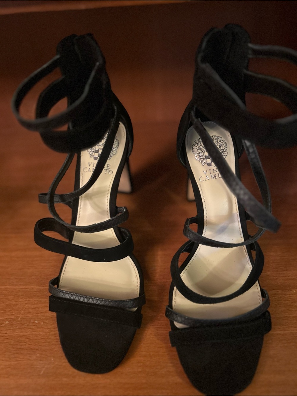 Vince Camuto Black Suede Multi-Strap Ankle Wrap Heels